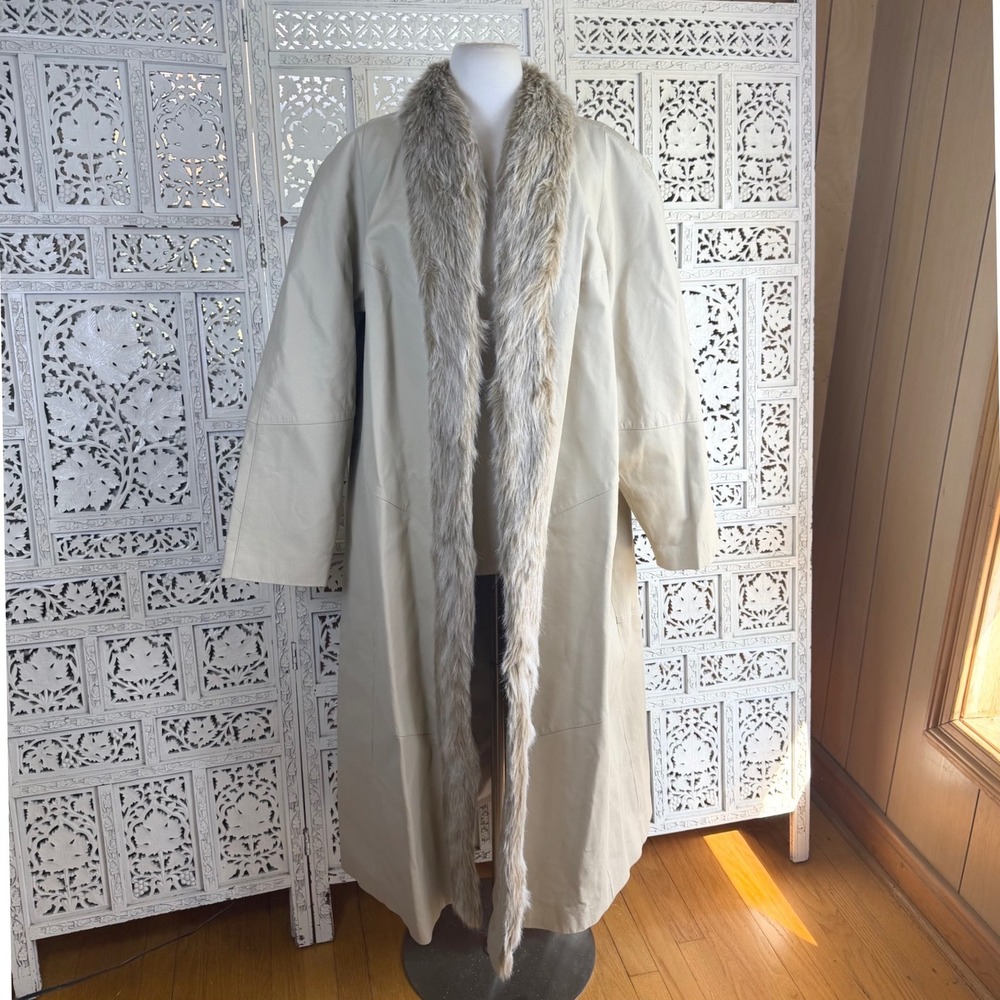 Vtg Beige Leather Old Money Trench Coat Womens 1X Mob Wife Faux Fur Luxury
